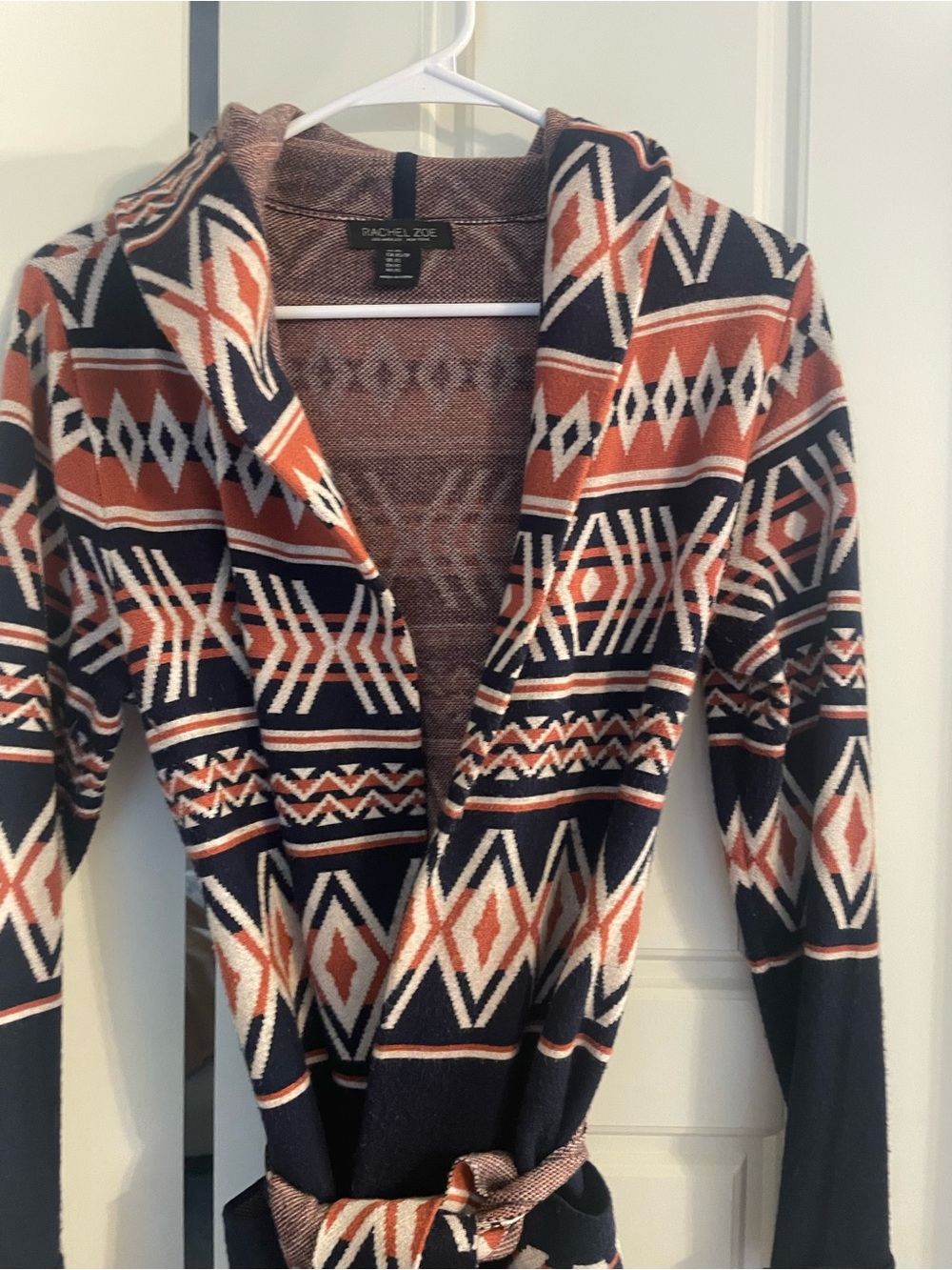 Rachel Zoe Hooded Aztec Knit Cardigan — Rust, Navy, Cream